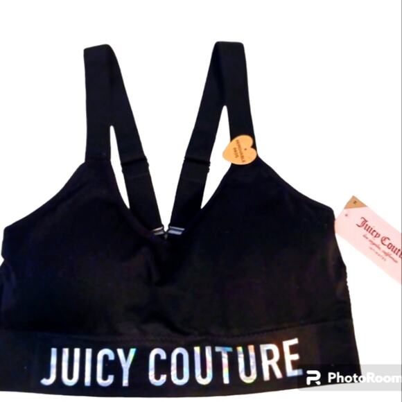 RARE Juicy Couture IRRIDESCENT GLAM Sports Bra Sz L BLACK Silver Glow V-Back NEW - Picture 1 of 12